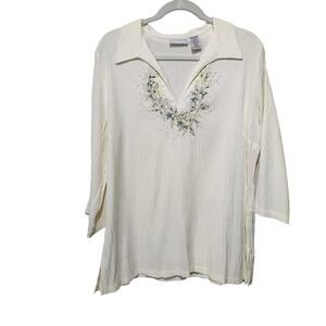 Jacklyn Smith Sz XL White Gauzy Crepe Embroidered V Neck Collared Shirt Blouse
